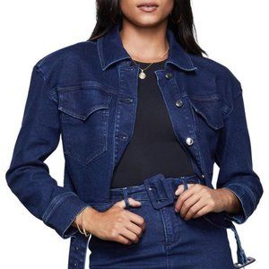Good American The 70s Icon Belted Cropped Denim Jacket Deep Blue 0 XS NWT